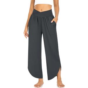 TARSE Wide Leg Pants for Women Cross High Waisted Yoga Pants Casual Lounge Joggers Loose fit Pajama Bottoms with Pockets (Gray, M)