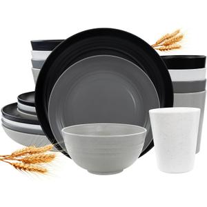 LIYH 16 Pcs Plastic Wheat Straw Dinnerware Sets for 4 - Plates and Bowls Sets Reusable Tableware Dish Set for 4 Include Wheat Straw Plates Bowls Cups Microwave Dishwasher Safe (White Black Gray Light Gray)