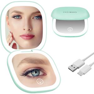 Portable Compact Mirror with Lights,15X Magnifying Pocket Mirror for Purse, Dual LED Travel Mirror with 3 Color Modes, Auto Shut-Off, Small Mirror Compact, Perfect Makeup Travel Essential (Cyan)
