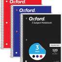 Oxford Spiral Notebook 3 Pack, 3 Subject Journal, 3-Hole Punch, College Ruled Paper, 2 Dividers, 8 x 10-1/2 Inches, Black, Red, Blue, 120 Sheets (65202)