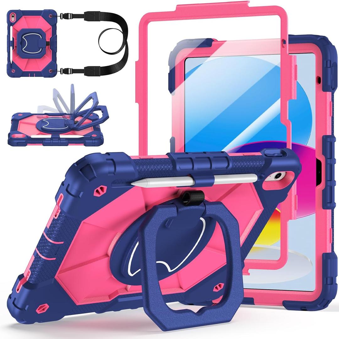 Case for iPad A16 11th Generation 11 Inch 2025, Auorld for iPad 10th Generation 10.9 inch 2022 case with Screen Protector, 360 Degree Rotating Stand Shoulder Strap Pencil Holder, Navy Pink