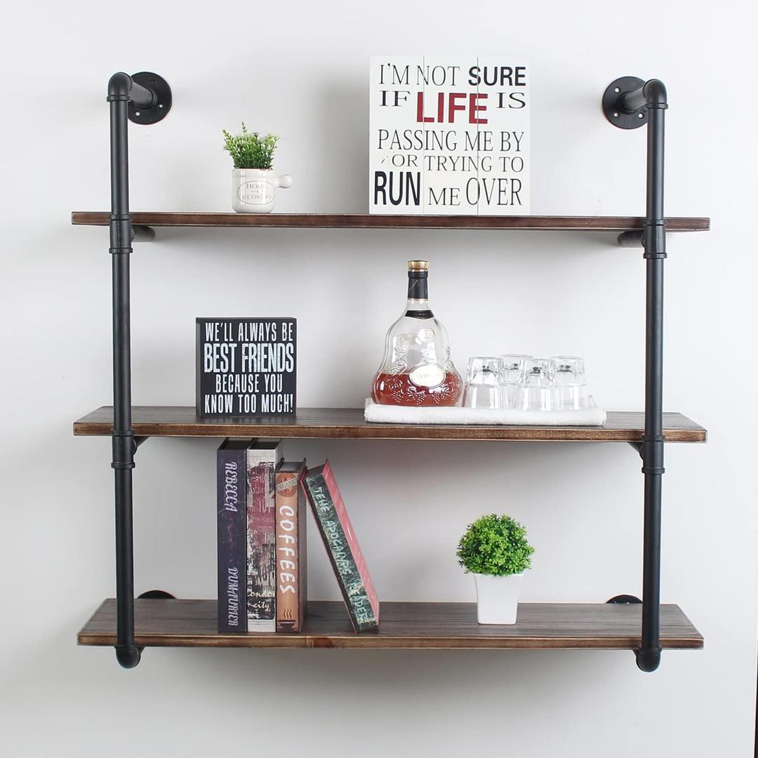 MBQQ Industrial Retro Pipe Shelf 36in 3 Tier Wall Mounted,Rustic Floating Shelves,Farmhouse Kitchen Bar Shelving,Home Decor Book Shelves,DIY Bookshelf Hanging Wall Shelves,Black
