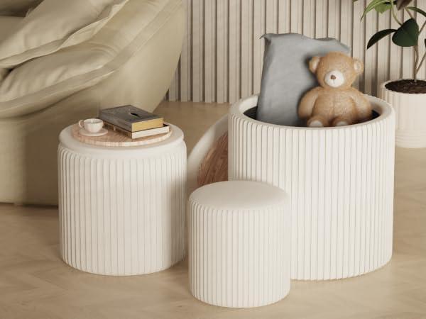 Ottoman with Storage, Velvet Round Storage Ottoman Set of 3, Multifunctional Upholstered Vanity Stool, Modern Cute Ottoman Foot Rest for Living Room Bedroom, Coffee Table, Beige