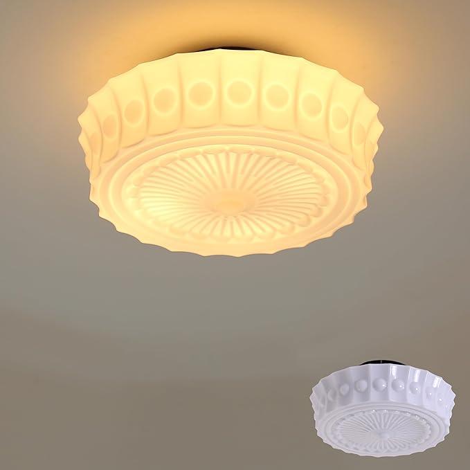 Schoolhouse Ceiling Light Fixture, 13.8" Milk Glass Semi Flush Mount Mid Century Vintage Ceiling Light for Bedroom Hallway Kitchen, E26 Base Bulb Included, White