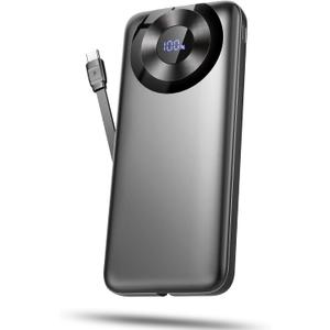 Portable Charger 10000mAh, Power Bank Fast Charging with Built in Cable 5V/3A Slim Battery Pack (Dark Black)