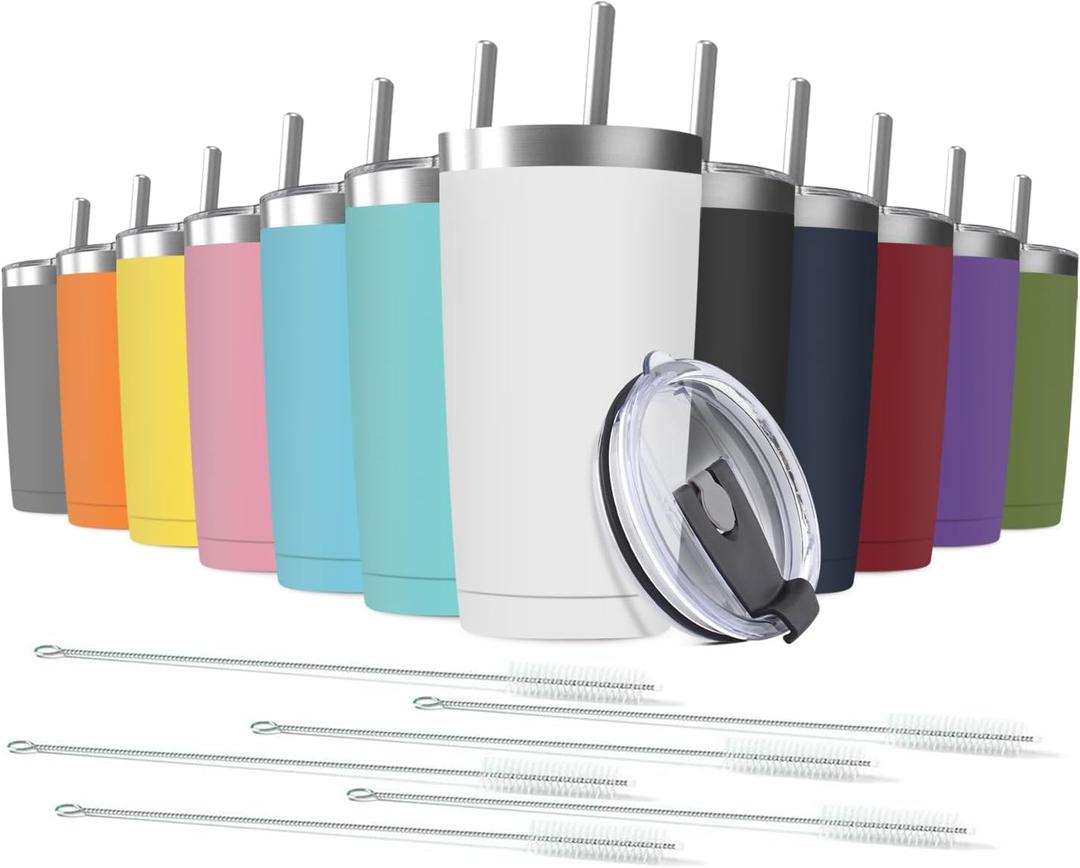 12 pack 20 oz Stainless Steel Insulated Tumbler with Straw and Lid, Double Wall Travel Coffee Mug Vacuum Insulated Bulk Tumbler, Suitable for Vehicle Cup Holders Assorted Colors