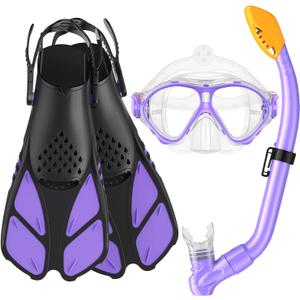 Kids Snorkel Set, Mask Fins Snorkeling Gear for Kids Anti-Fog Swim Goggles 180 Panoramic View Dry Top Snorkel and Dive Flippers Combo with Travel Bag for Snorkeling Training Swimming Diving