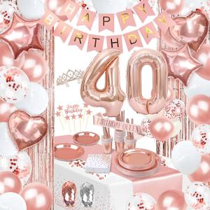 255 Pcs 40th Birthday Decorations For Women girls, Rose Gold Birthday Party Decorations Supplies, Balloon Stand Kit, Tableware Kit,Pump, Banner, Tassel Curtain, For 25 Guests