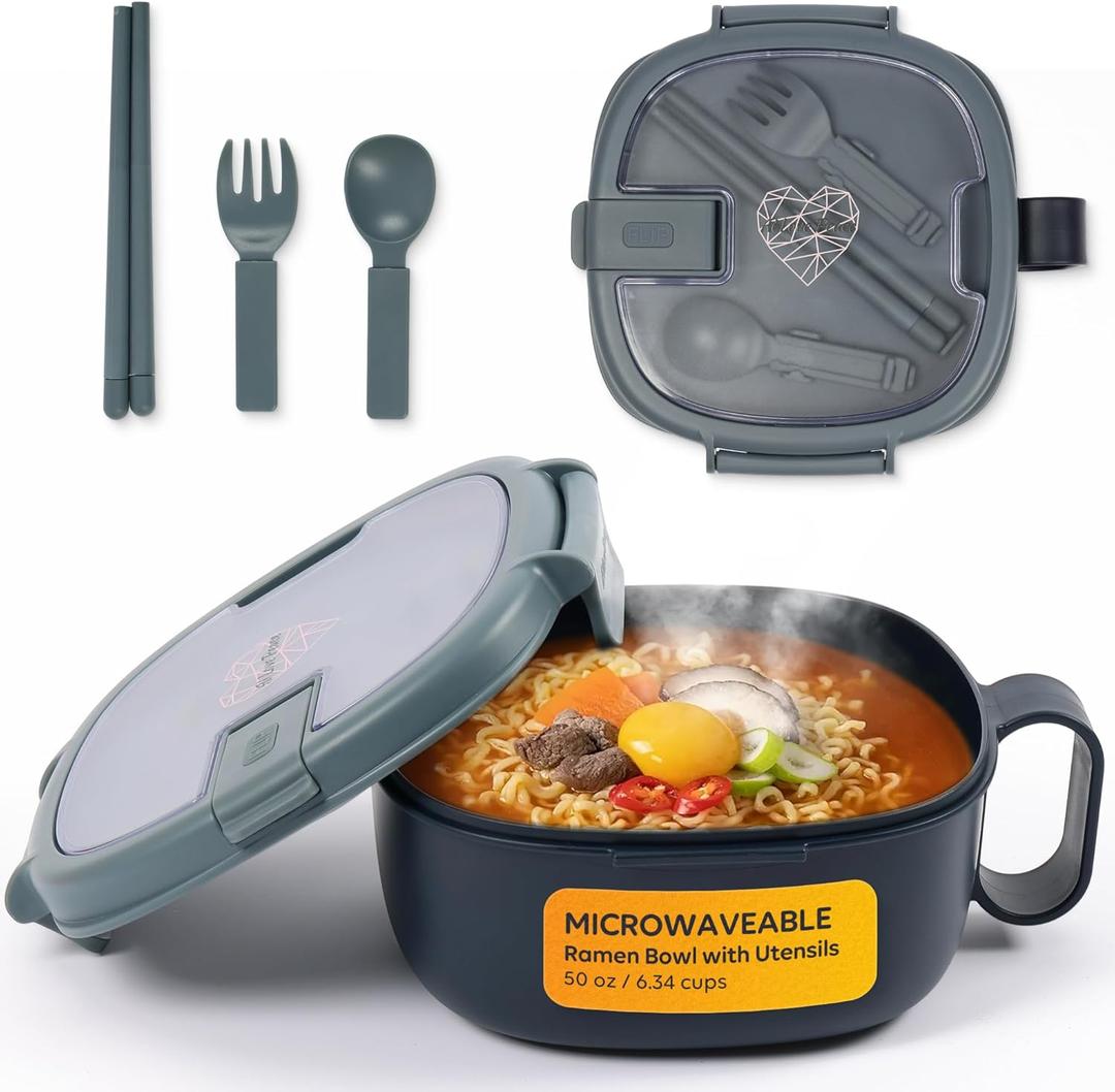 AI LOVE PEACE Microwavable Ramen Bowl Cooker with Lid - Leakproof Noodle Container with Built-In Utensils, BPA-Free, Dishwasher & Freezer Safe [Navy]