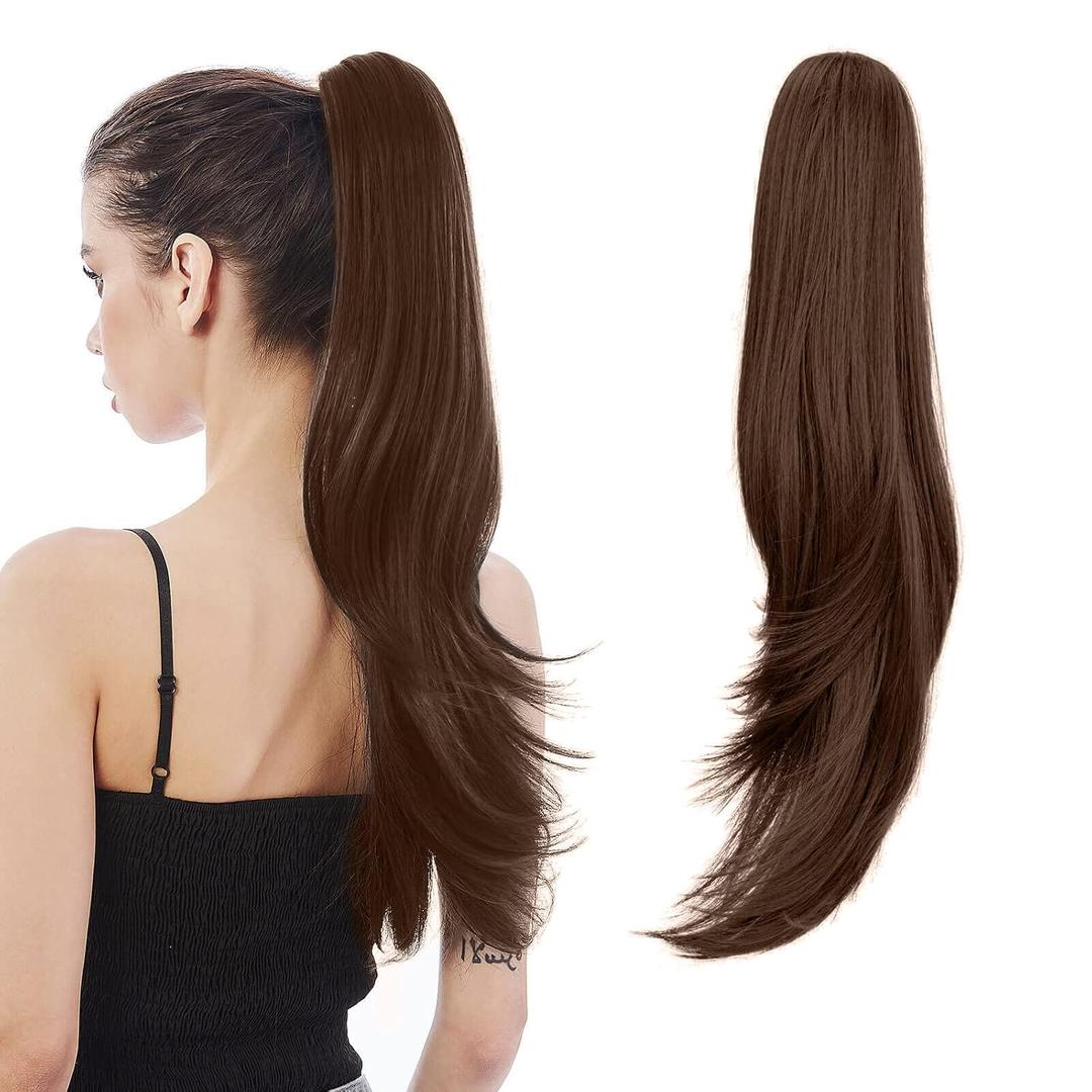 Brown Hair Extension Ponytail 24" Long Wavy Synthetic Fibers Clip in Ponytail Wig