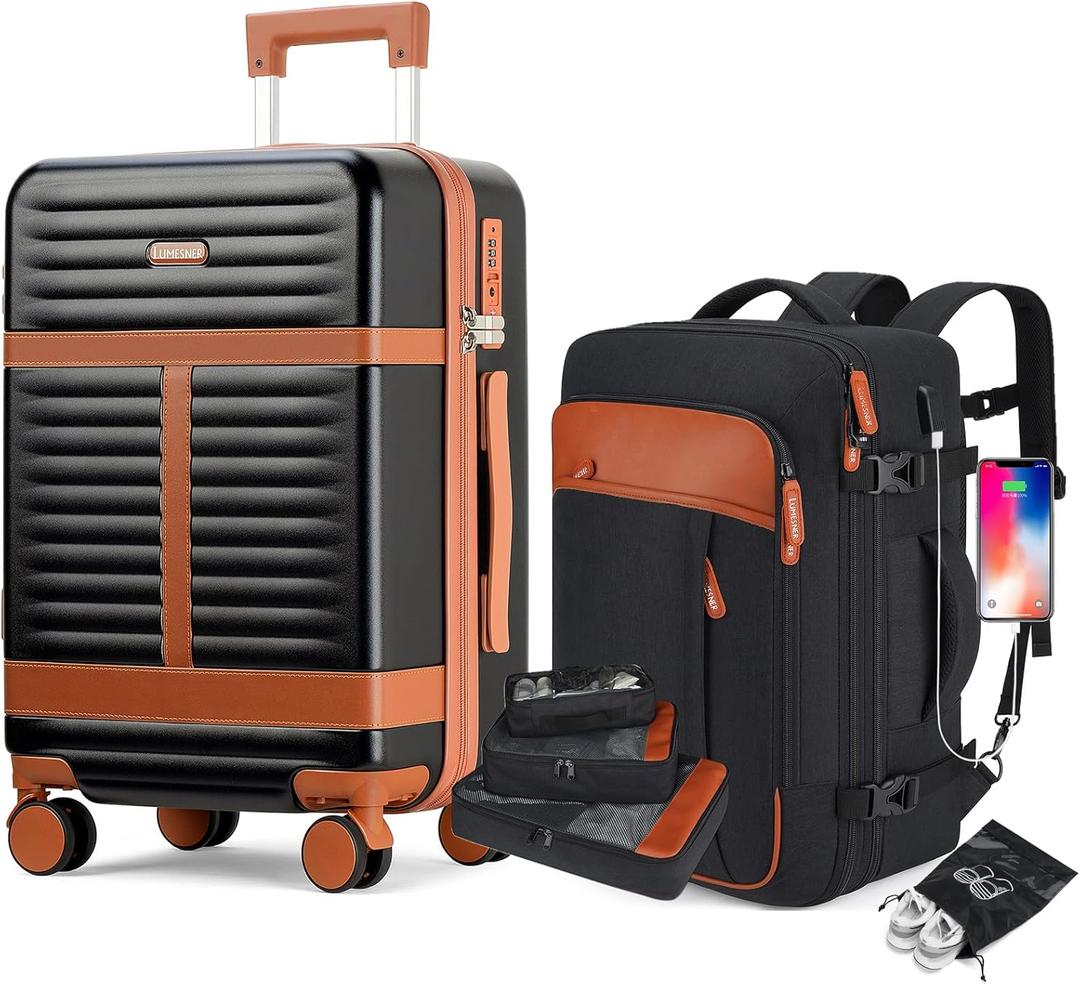 Lumesner Luggage Backpack, 20 Inch Carry On Suitcase with Spinner Wheels & TSA Lock, PC Hardside Luggage with Backpack (Black(20inch-5piece Set))