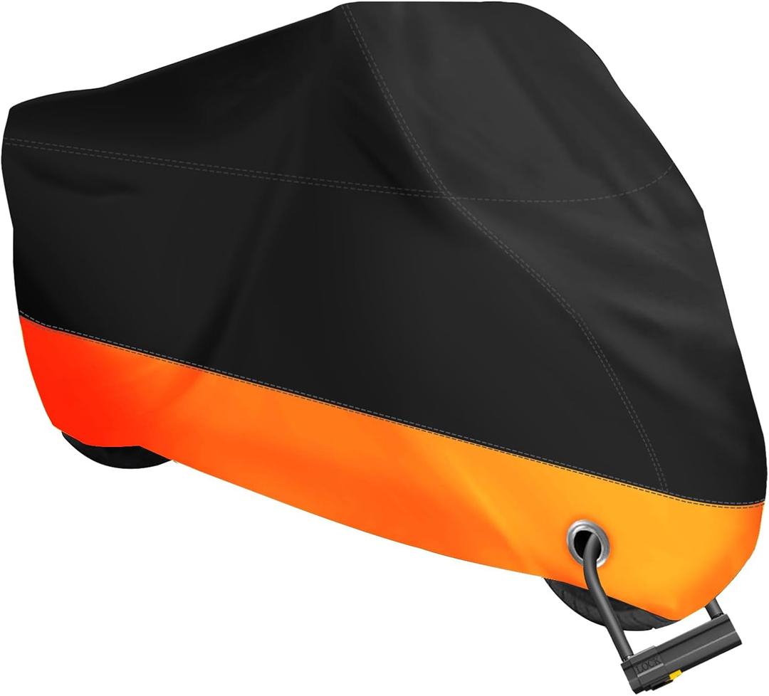 XYZCTEM Motorcycle Cover,All Season Black&Orange Waterproof Outdoor Sun Motorcycle Cover,Fits up to 108" Motors