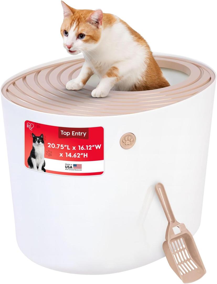 IRIS USA Cat Litter Box Large Top Entry with Lid Enclosed Covered Hooded Design Litter Catching Scatter Shield Pan Dog Proof Pet Proof Scoop Included Odor Control for Indoor Cats Kittens Beige/White (20.75" L x 16.12" W x 14.62" H)
