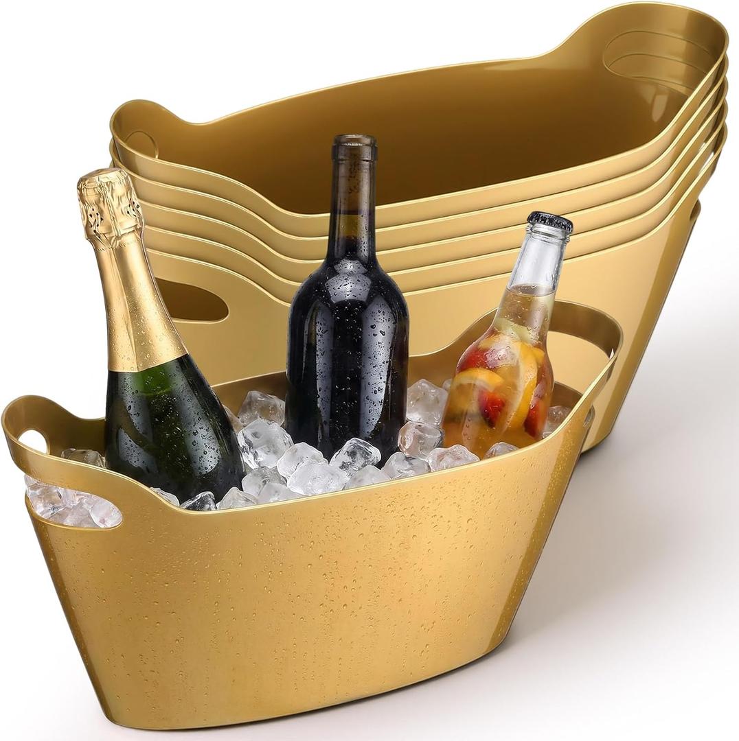 meekoo 6 Pack 6l Ice Bucket for Parties, Plastic Beverage Tub with Handles, Portable Ice Drink Bucket for Wine, Champagne, Beer, Cocktail, Large Drink Chiller for Wedding, Bar, Picnic, Pool(Gold)