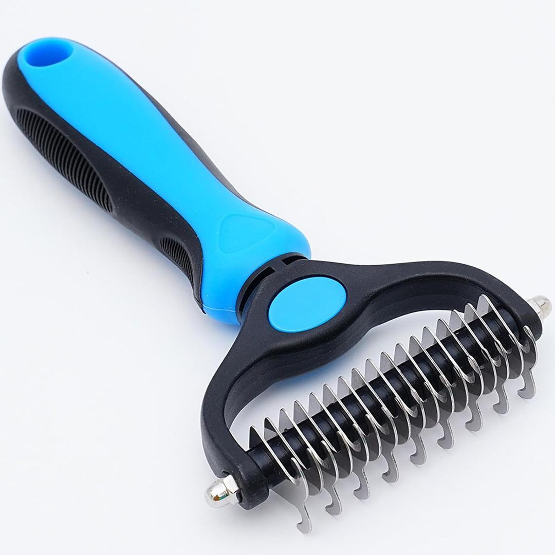 Pet Grooming Rake for Dogs & Cats - Double-Sided Deshedding and Dematting Tool, Gently Remove 95% of Loose Undercoat & Mats for Long-Haired Pets, Painless Fur Brush for Shedding Control (Blue, M)