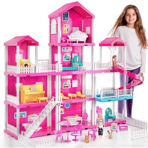 Pink Villa Playset for Girls Ages 3-7, 4-Story 10-Room House with 2 Dolls, Furniture & Accessories, Pretend Play Toddler Toy, Birthday Gifts for Kids 3-8