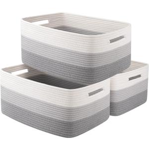 Large Storage Basket for Organizing, Woven Rope Basket for Shelves, Closet Organizer Bins for Clothes, Blanket, Toys, Baby Nursery Storage, 17.7" x 13" x 7.87", 3 Packs Gradient Grey