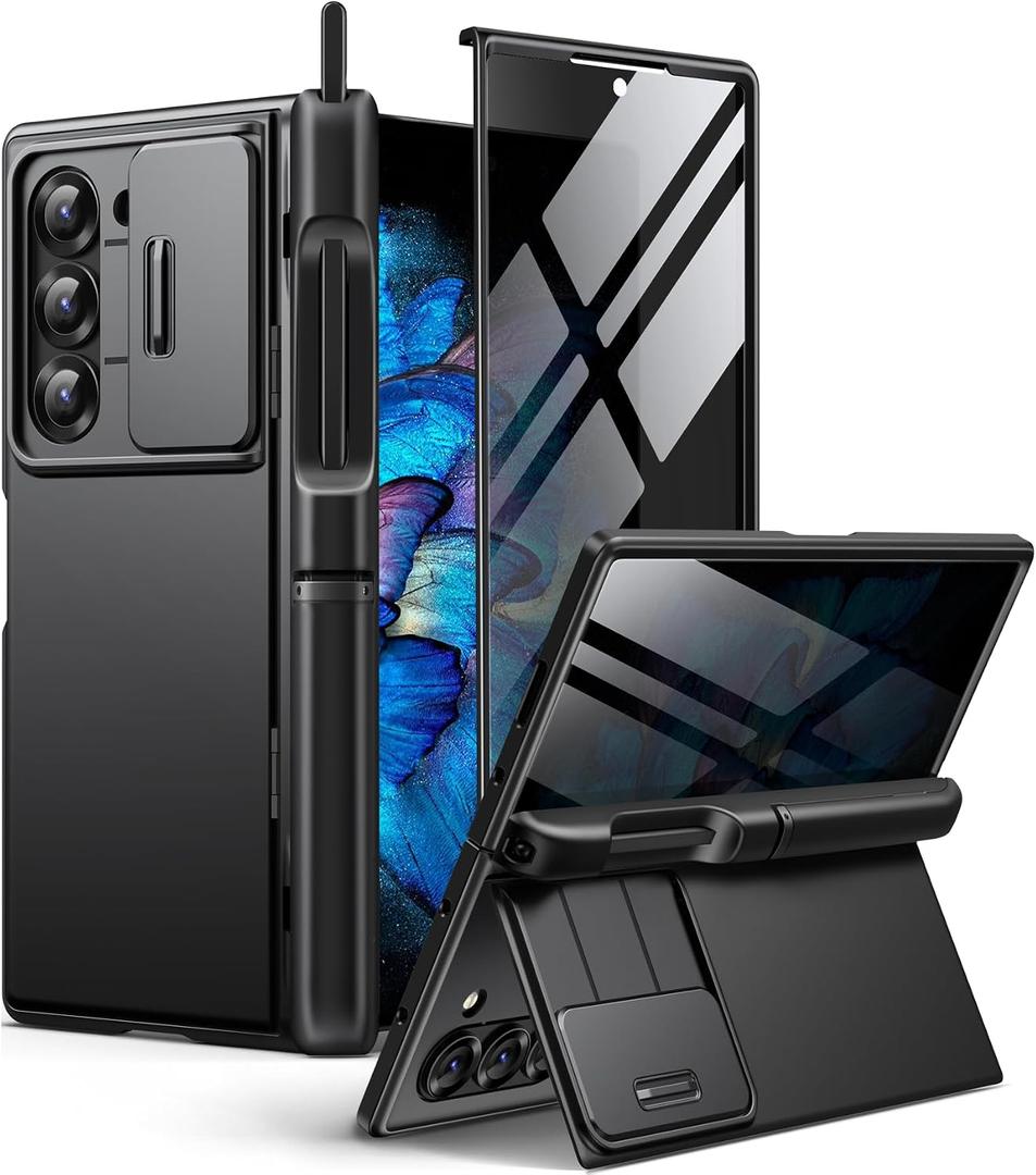 BERFY for Z Fold 6 Case with Screen Protector, Built-in S Pen Holder, Slide Camera Cover, Hidden Kickstand, Full Body Shockproof Slim Phone Case for Samsung Galaxy Z Fold 6, Black