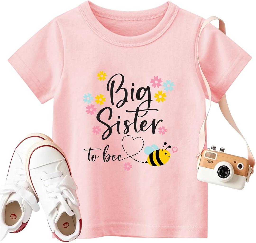 Big Sister Shirt Baby Girl Cute Bees Tee Announcement Toddler Shirts Sibling Reveal Short Sleeve (Pink) 130