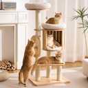 Modern Solid Wood Cat Tree for Indoor Cats Large Adult, 50in Tall Cat Tower with Sisal Scratching Posts, Cat Scratcher Cardboard, Cozy Cat Beds Cave Condo, Multi-Level Cat Furniture