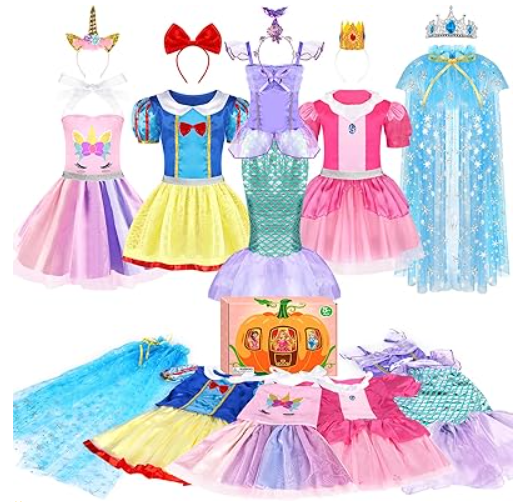 EULRGAUS Princess Dress Up, Dress Up Clothes for Girls 3-6, Cosplay Princess Costume Gift Set with Princess Dresses and Princess Toys, Pretend Play Toddler Girl Toys, Halloween Christmas Birthday Gift