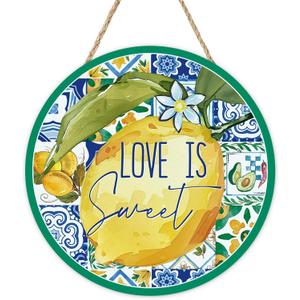 Spring Summer Lemon Blue Italy Tile Front Door Sign, Amalfi Coast Capri Citrus Wood Plaque Hanger Outdoor Porch Home Decor, Love is Sweet Mediterranean Wooden Wreath Wall Hanging Decoration