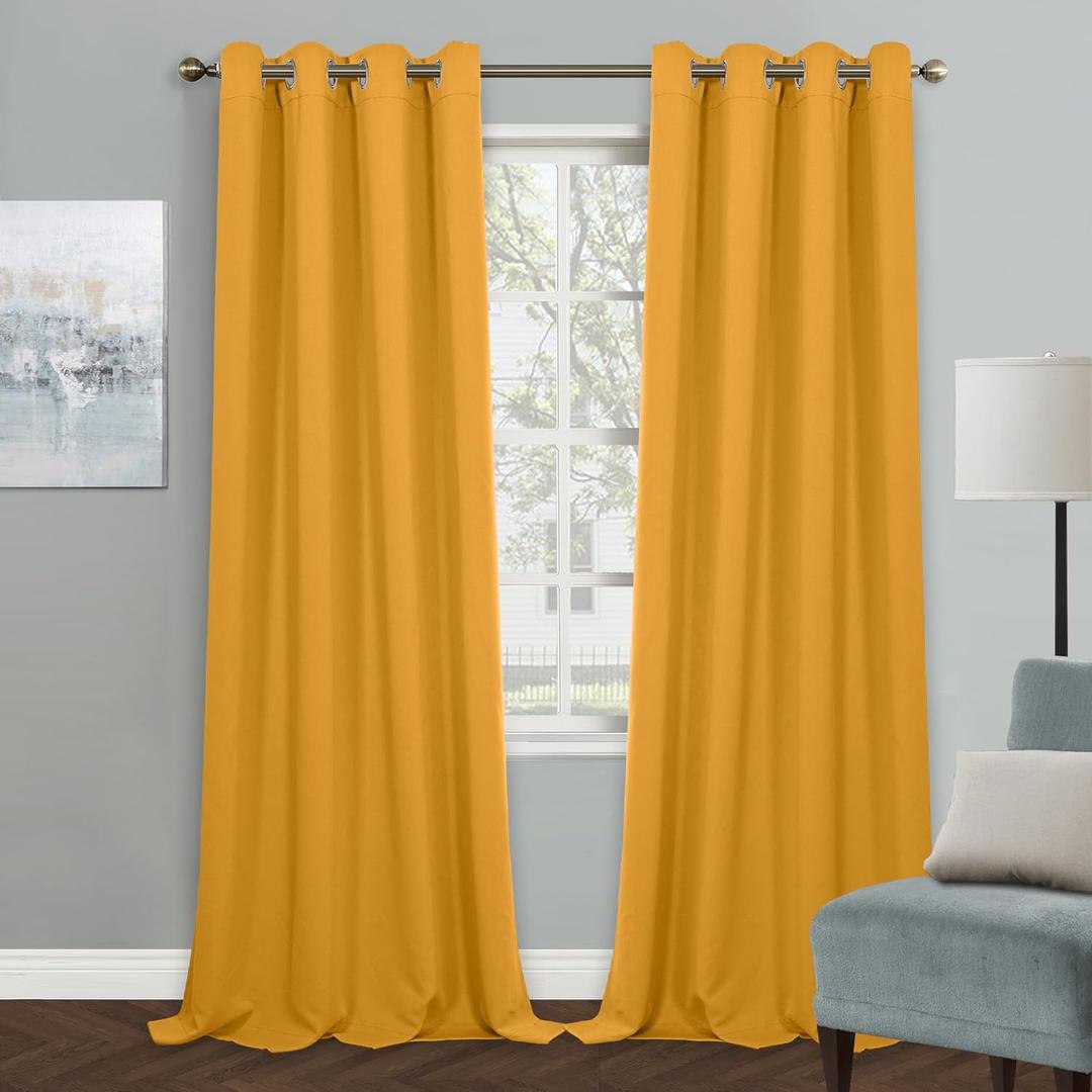 MYSKY HOME Yellow Blackout Curtain for Living Room Bedroom Curtain 84 Inches Long Grommet Room Darkening Window Curtains Thermal Insulated Single Panel Curtains 52 x 84 Inch, Mustard Yellow