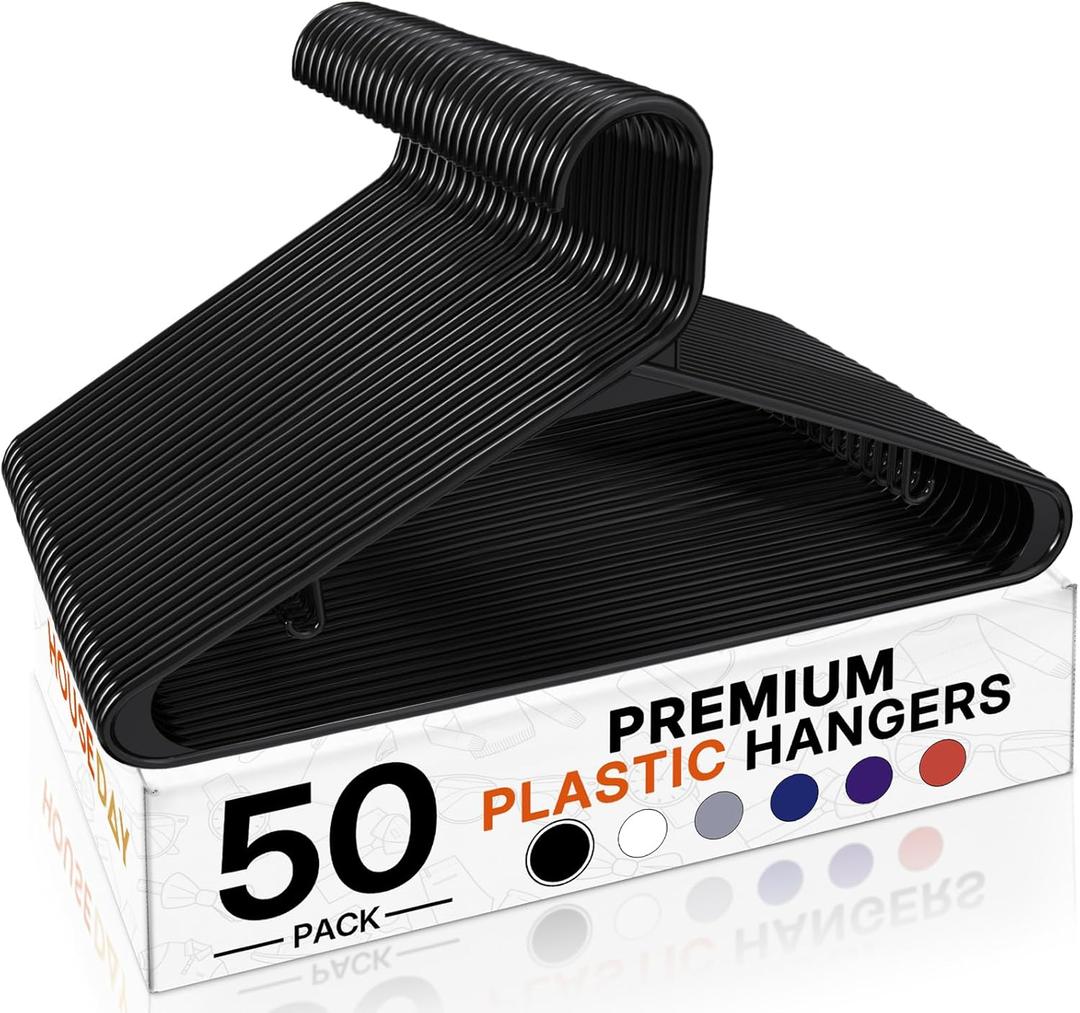 HOUSE DAY Black Plastic Hangers 50 Pack, Plastic Clothes Hangers with Built-in Hooks, Durable and Strong Plastic Coat Hangers for Closet, Space Saving Clothing Hanger for Shirts, Coats, Skirt, Dress