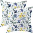 Yellow Blue Flower Pillow Covers 18x18 Set of 2, Watercolor Plants Farmhouse Decorations Throw Pillow Covers Vintage Floral Leaves Outdoor Decorative Linen Cushion Case for Couch Sofa Home