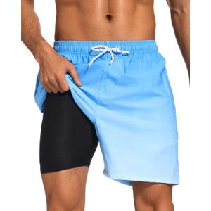 SILKWORLD Mens Swimming Trunks with Boxer Brief Liner Quick Dry Stretch Bathing Suit Swim Shorts with Zipper Pockets,Blue Gradient,XX-Large