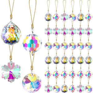 XunYee 36 Pcs Crystal Glass Christmas Balls Ornaments, 1.18" Mini Hanging Crystal Prism Xmas Tree Decorations Pendants for Home Wedding Birthday Party Holiday Decorations(AB Color,Mixed Styles)