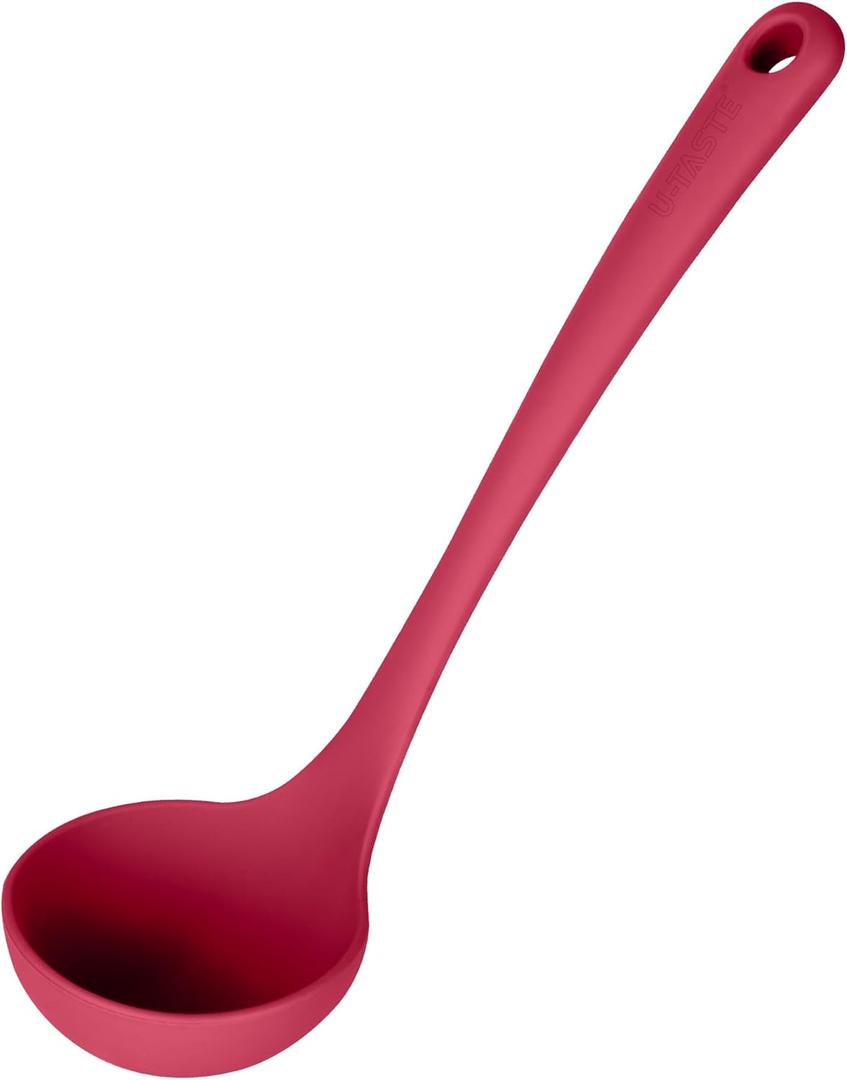 2.6oz Small Silicone Soup Ladle: U-Taste 600F Heat Resistant Non-Stick Kitchen Deep Serving Spoon, Soft Cooking Utensil with Non-Slip Solid Handle for Mixing Sauce Stew Gravy (11in, Red)