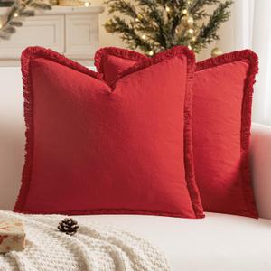 MIULEE Throw Pillow Covers Boho Farmhouse 26x26 Christmas Set of 2 Decorative Christmas Red Couch with Fringe Chic Cotton Pillowcases Home Decor Accents for Cushion Soft Bed Living Room