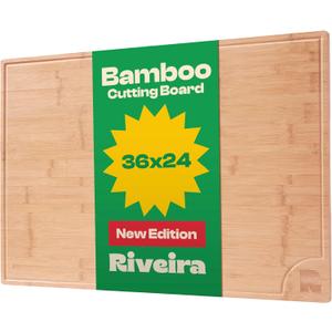Riveira Brown Bamboo Wood Cutting Board – Gourmet Bamboo Grandeur: 36 x 24 Wooden Cutting Board – Wooden Cutting Boards For Kitchen Decorative – Innovative Juice Grooves Wooden Chopping Board