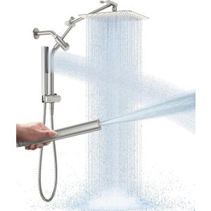 Veken All Metal 10" Brushed Nickel Shower Head with Handheld, Luxurious Square High Pressure Double Rain Shower Heads with Power-wash Hand Held, Dual Detachable Rainfall Showerhead,Bathroom Upgrade