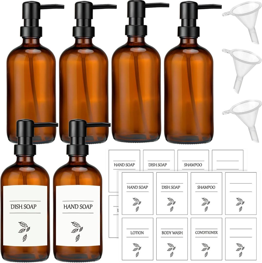 Maxcheck 6 Pack 16 oz Amber Glass Soap Dispenser Bathroom Hand Soap Dispenser with Pump with 16 Pcs Waterproof Labels Funnel Dish Liquid Bottle for Kitchen Bathroom(Plastic)