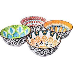 Ceramic Rice Bowls Set of 4, 4.72 Inch Colorful Mandala Pattern Porcelain Bowls, Bohemian Floral Serving Bowls for Rice, Cereal, Soup, Microwave & Dishwasher Safe