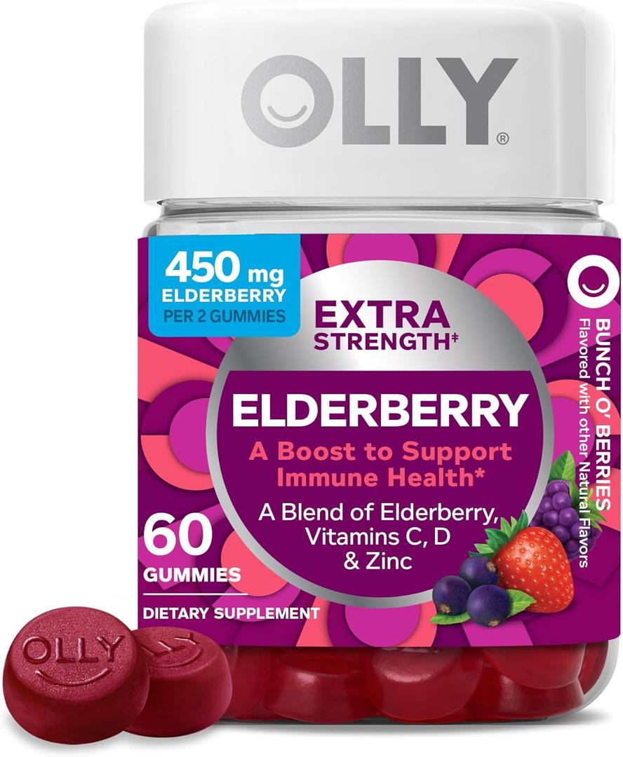 OLLY Extra Strength Elderberry Gummies, Immune Support, 450mg Elderberry, Vitamin C, D and Zinc, Berry - 60 Count, Best Before: JAN//03/2026