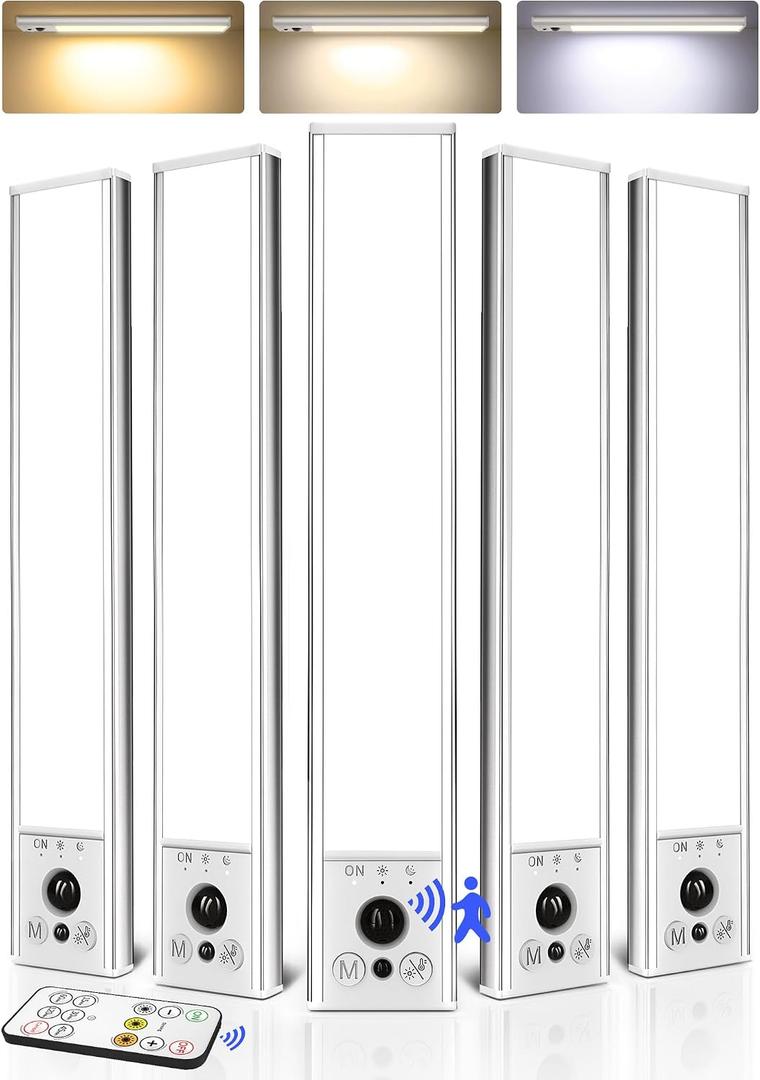 EZVALO 5-Pack Under Cabinet Lighting, 2400mAh Rechargeable Motion Sensor Light, 10inch Magnetic Closet Lights with Dimmable & 3 Color Temps, Wireless Motion Activated Lights with Remote for Kitchen