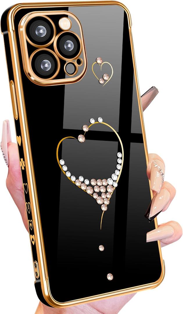Petitian for iPhone 13 Pro Max Case, Cute Women Girls Bling Glitter Designed Heart Cases for iPhone 13 Pro Max, Girly Gold Plating Cover for 13 Promax with Camera Protector Black (Black)