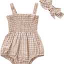 FOMOYUU Infant Newborn Baby Girl Ruffle Sleeveless Romper Summer Clothes Outfit with Cute Floral Print Jumpsuit (0-3 Months, Khaki Plaid)