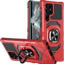 Heavy Duty Protection Case for Samsung Galaxy S22 Ultra Phone Case with Built-in Screen Protector, Military Grade Shockproof 360 Degree Metall Ring Kickstand Travel Cover Shell (Red)