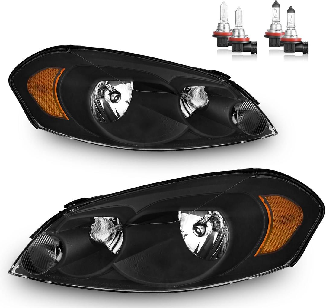 Headlights Assembly W/Bulbs for 2006-2013 Chevy Impala for 14-16 Chevy Impala Limited, 06-07 Chevy Monte Carlo Headlamp Replacement Pair (Clear Lens I Black Housing I Amber Reflector)