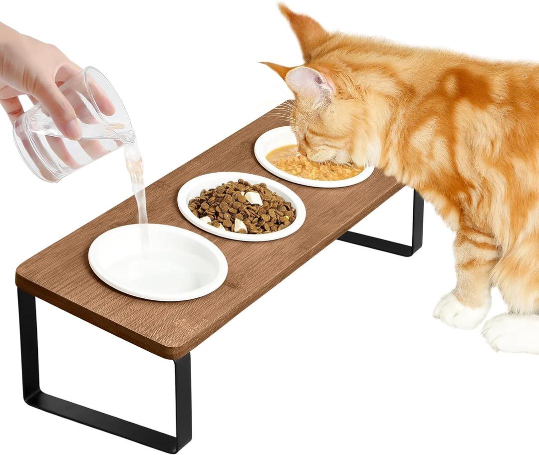 Sunhoo Raised Cat Food Water Bowl Elevated Tilted Kitty Dishes Set of 3 Ceramic Dish for Indoor Cats Orthopedic Pet Food Stand Reduces Vomiting 3 Bowl Cat Feeder Easy Assembl, Brown 