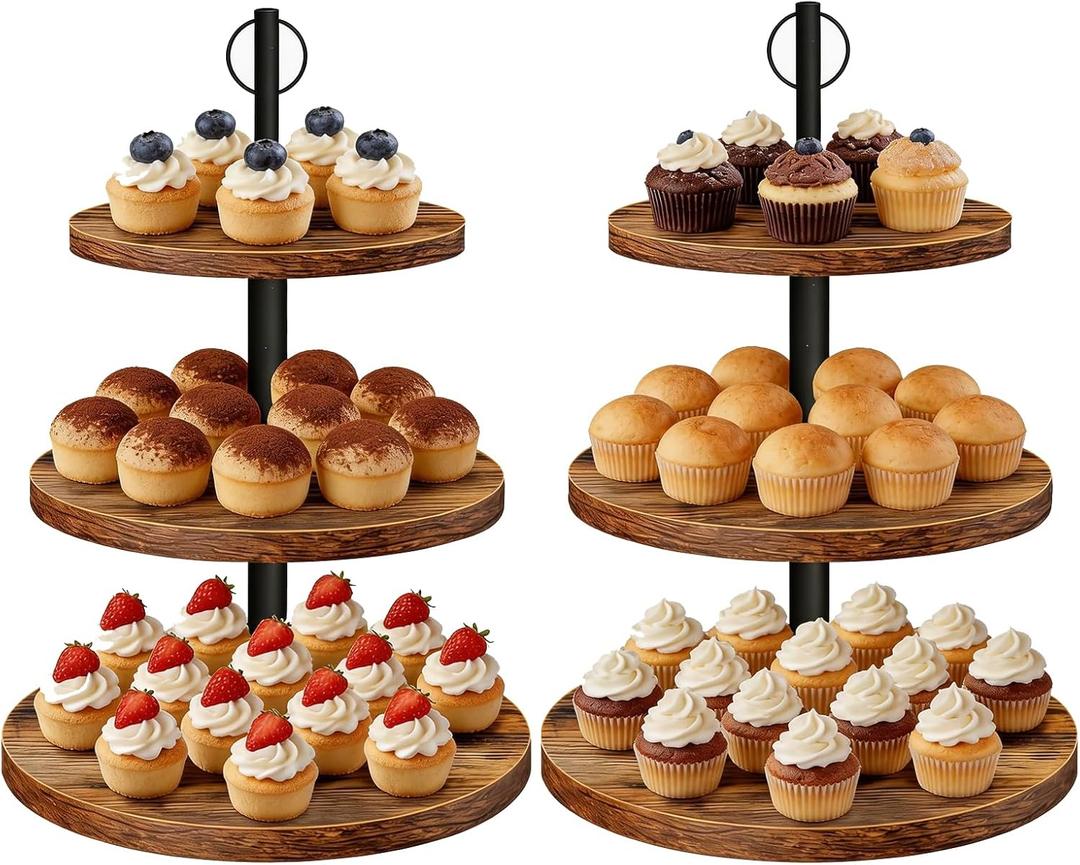 Cupcake Stand, 3 Tier Wood Cake Stands Rustic Cupcake Tower, Round Tiered Tray Stand for Dessert Table Display, Industrial Wooden Serving Stand Wedding, Graduation and Baby Shower