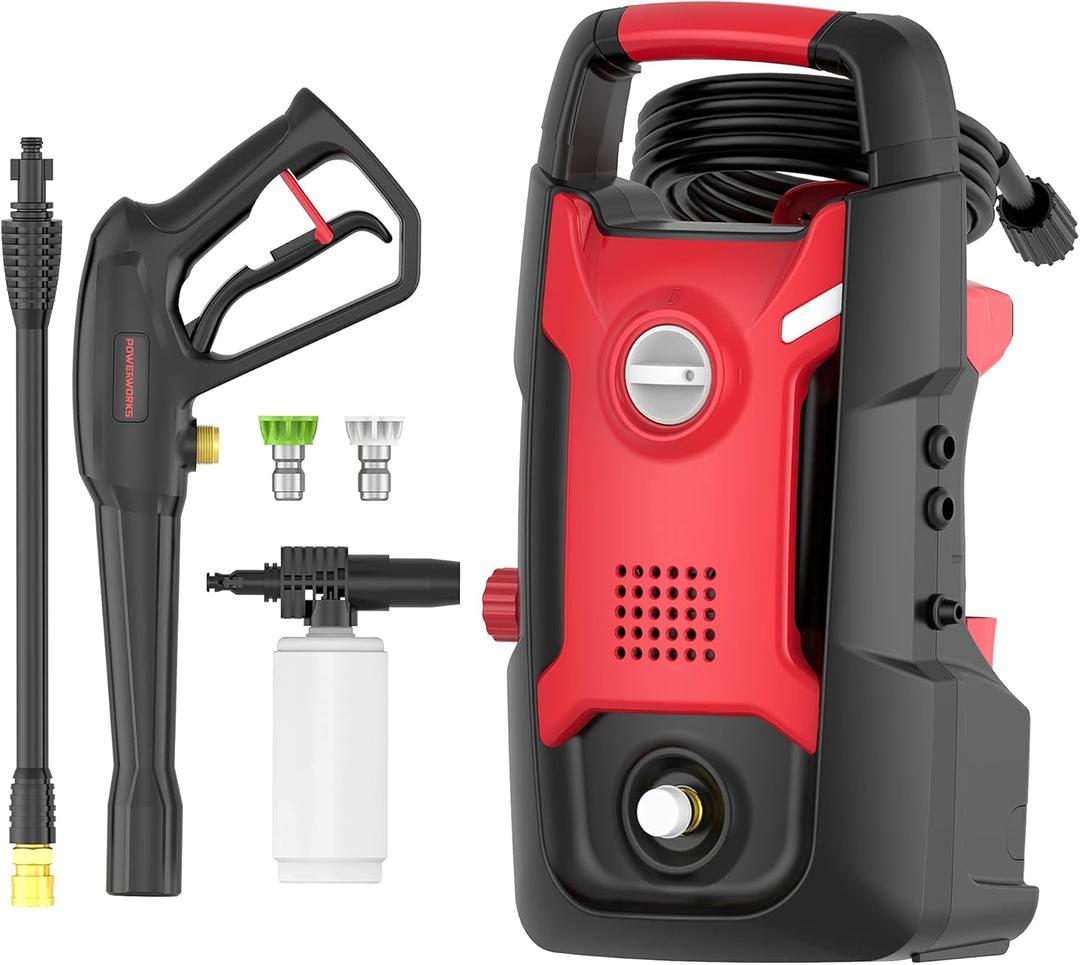 POWERWORKS Electric Pressure Washer,1700 PSI 1.2 GPM Power Washers,13-Amp Pressure Washers with 20ft High Pressure Hose and 3 Nozzles for Car Garden Cleaning (PWMA Certified) red