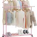 Calmootey Double Rod Clothing Garment Rack,Rolling Hanging Clothes Rack,Portable Clothes Organizer for Bedroom,Living Room,Clothing Store,Pink (17.72"D x 39.76"W x 62.99"H)