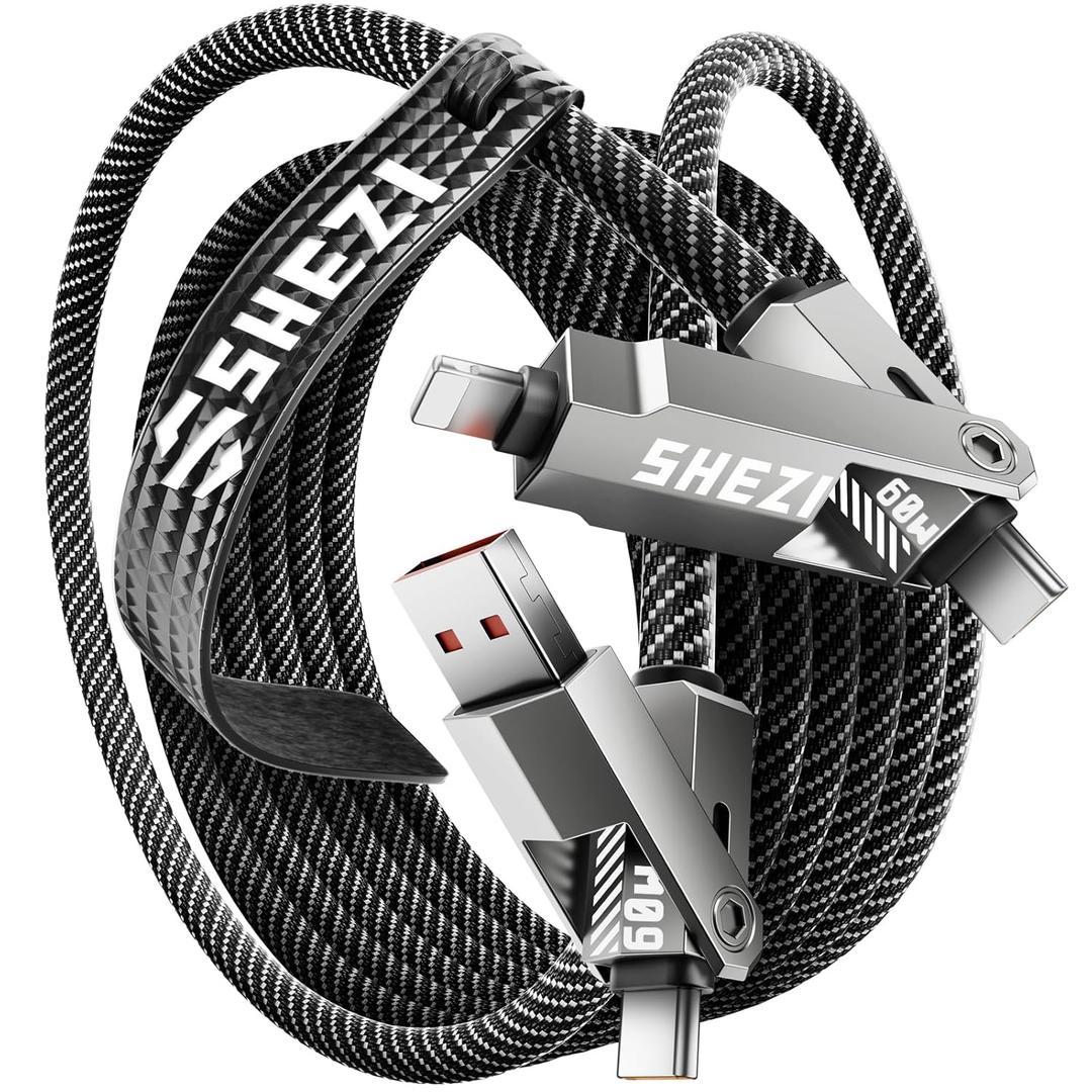 SHEZI Nylon Braided 4 in 1 USB C Cable 60W 10FT Compatible with Lightning Cable, Fast Charging for iPhone/iPad Charger Cord [480Mbps Data Sync],Multi Charging Cable with Type C/USB A, Grey