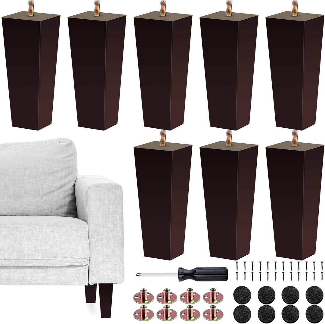 TURSTIN Set of 8 Furniture Legs 6 Inch Square Solid Wood Couch Legs Replacement Sofa Legs Mid Century Furniture Feet for Armchair Bed Dresser Cabinet Include Installation Hardware, Brown