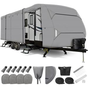 Leader Accessories RV Cover 16'-18' ft Travel Trailer Cover Windproof Extra Thick 5 Layers Upgraded Camper Cover with Tire Covers, Grey